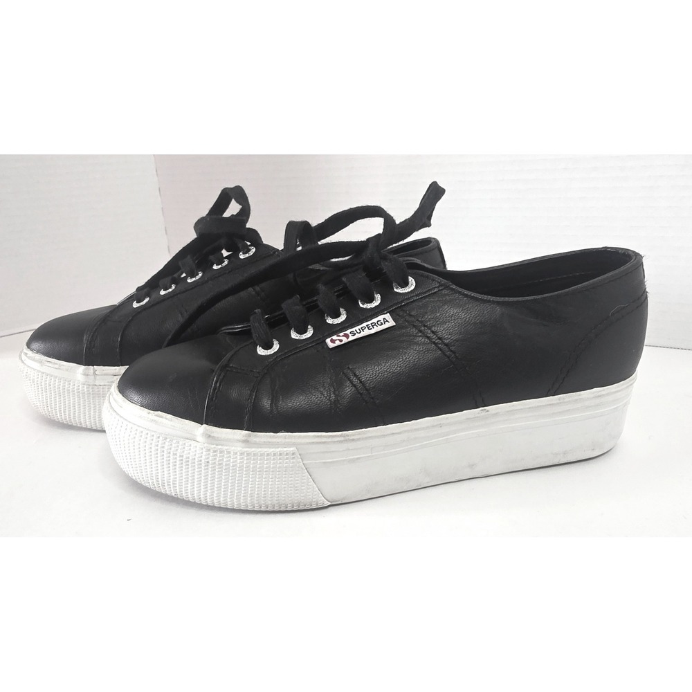 Superga 2790 Linea Platform Sneakers Black Faux Leather Low Top Women's Size 38